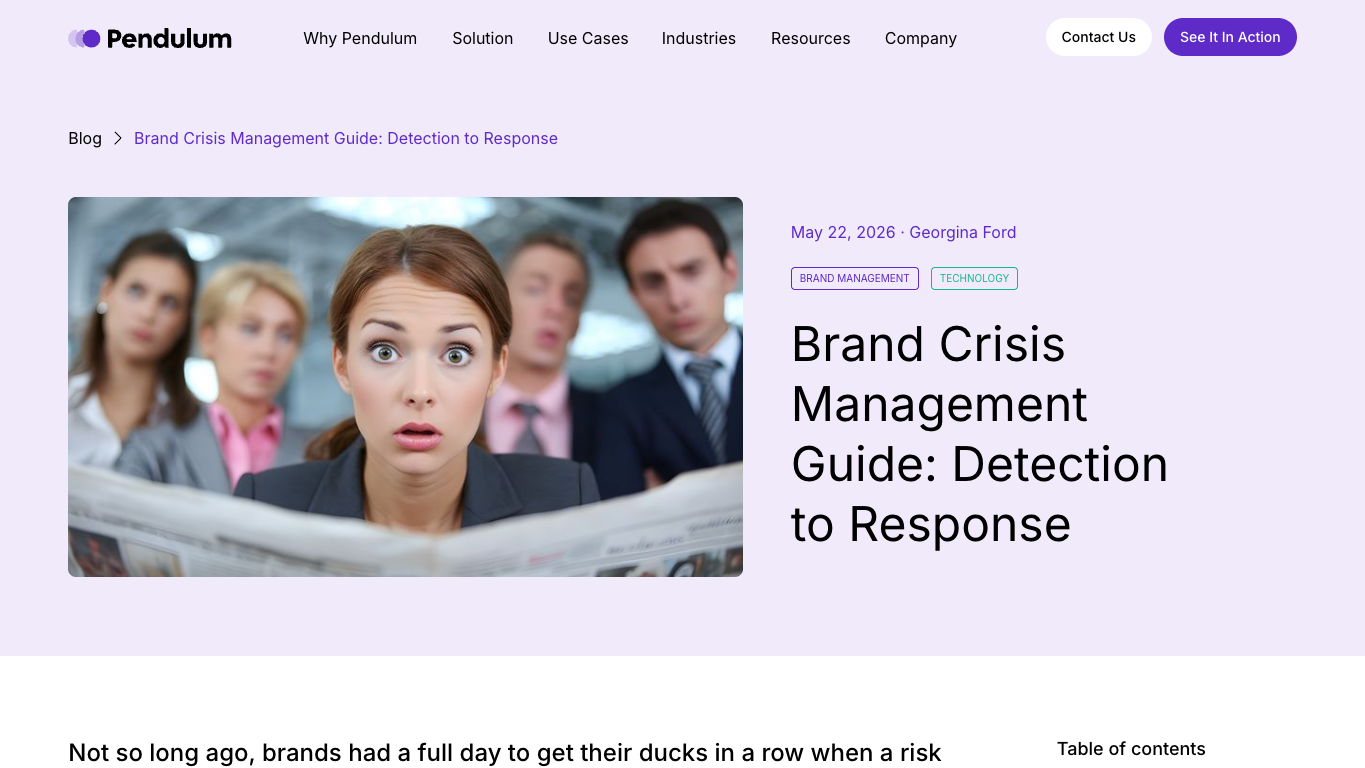 Pendulum brand crisis management guide page about detection, response, and recovery