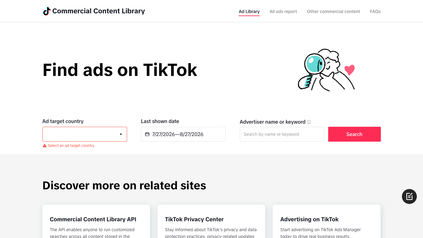 TikTok Commercial Content Library page showing the Find ads on TikTok interface with target country, last shown date, and advertiser keyword filters