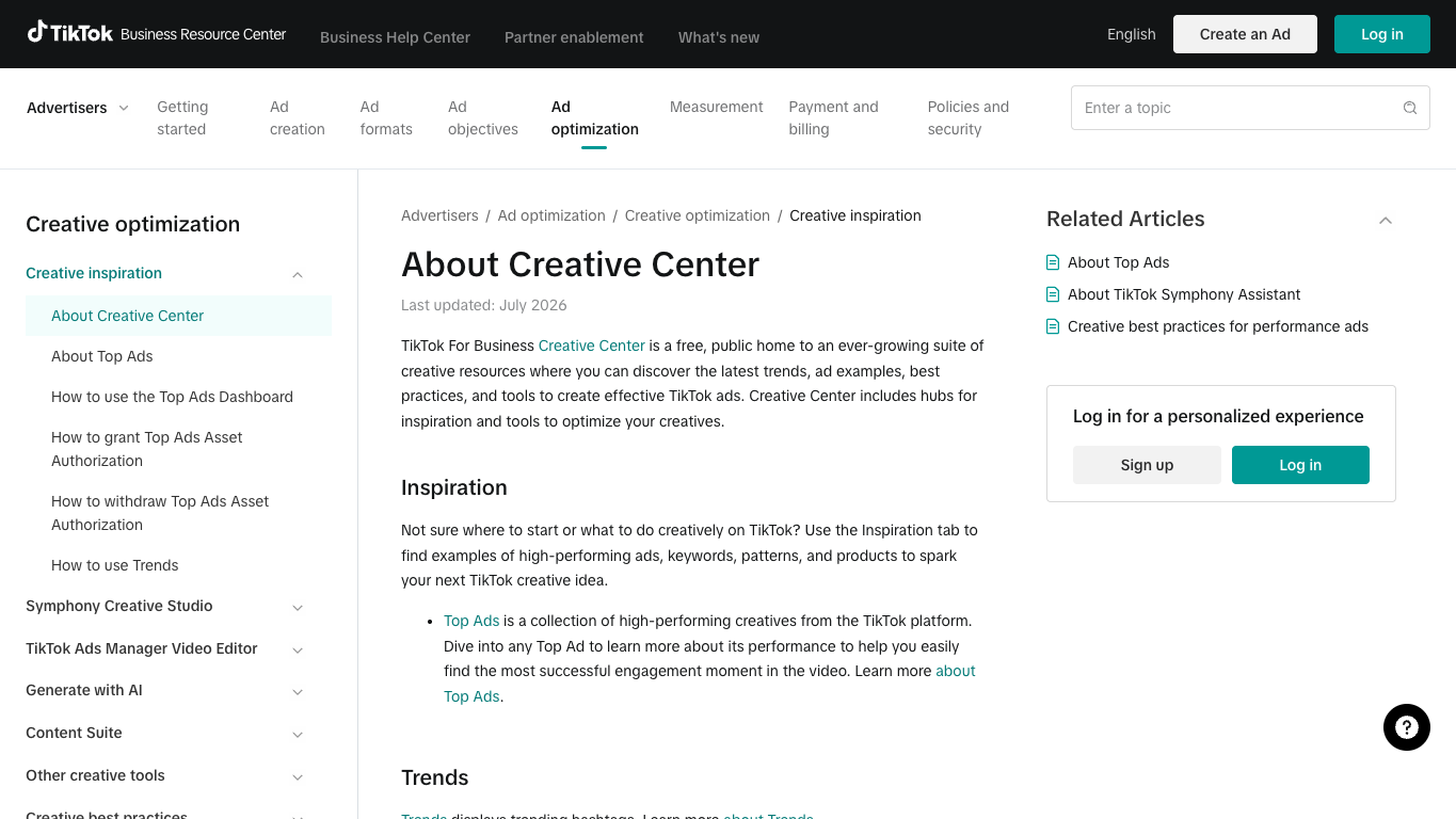 TikTok Creative Center help page showing Creative Center as a public resource for trends, ad examples, best practices, and creative tools
