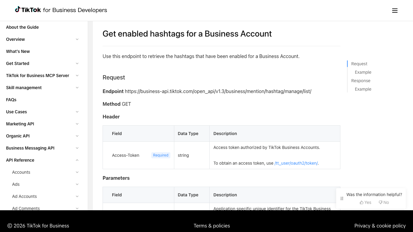 TikTok Business API documentation screenshot for enabled brand hashtags and mention workflows