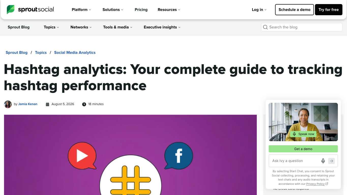 Sprout Social hashtag analytics screenshot showing metrics and measurement context