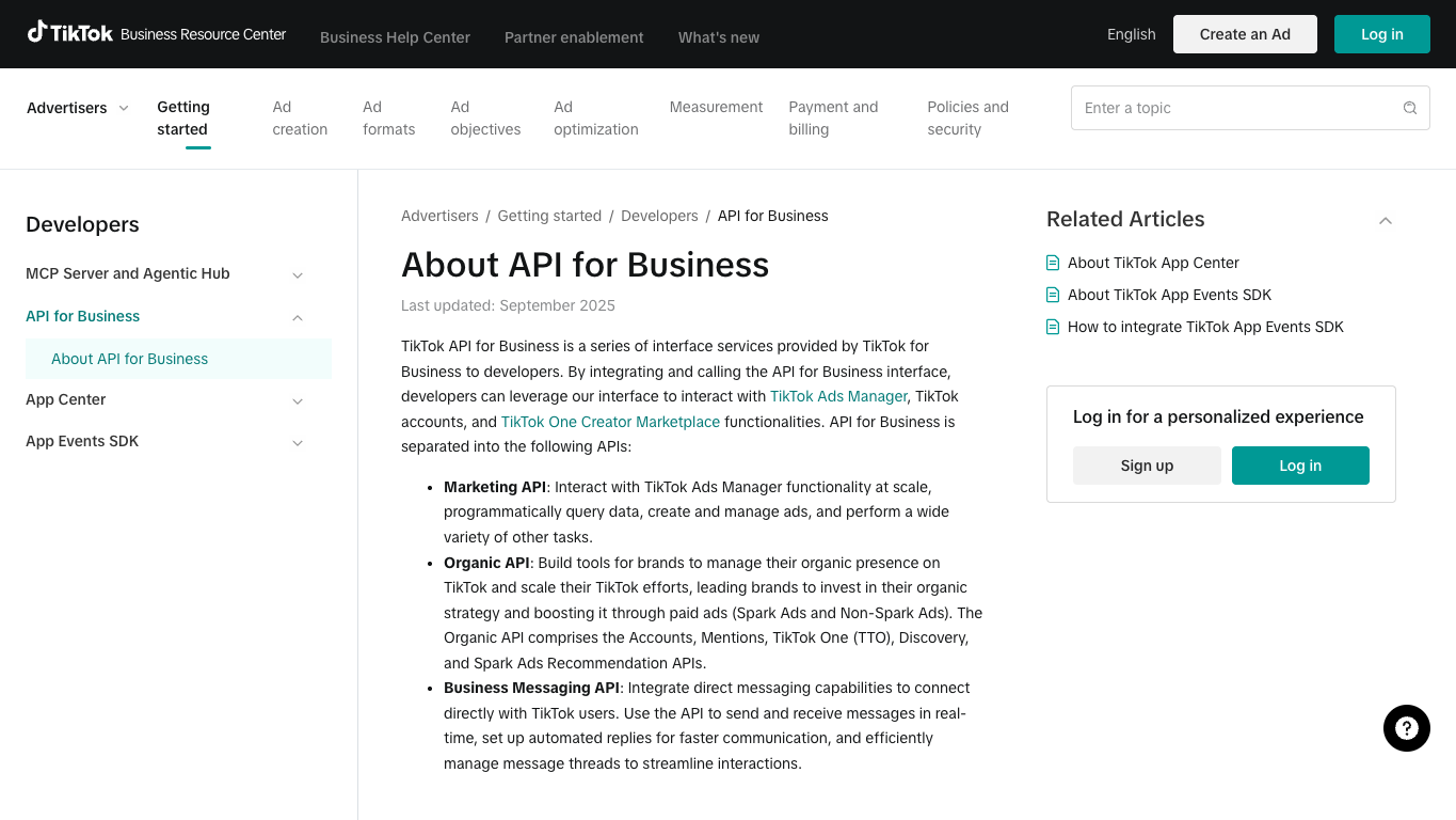 TikTok API for Business help screenshot referencing discovery and mentions use cases