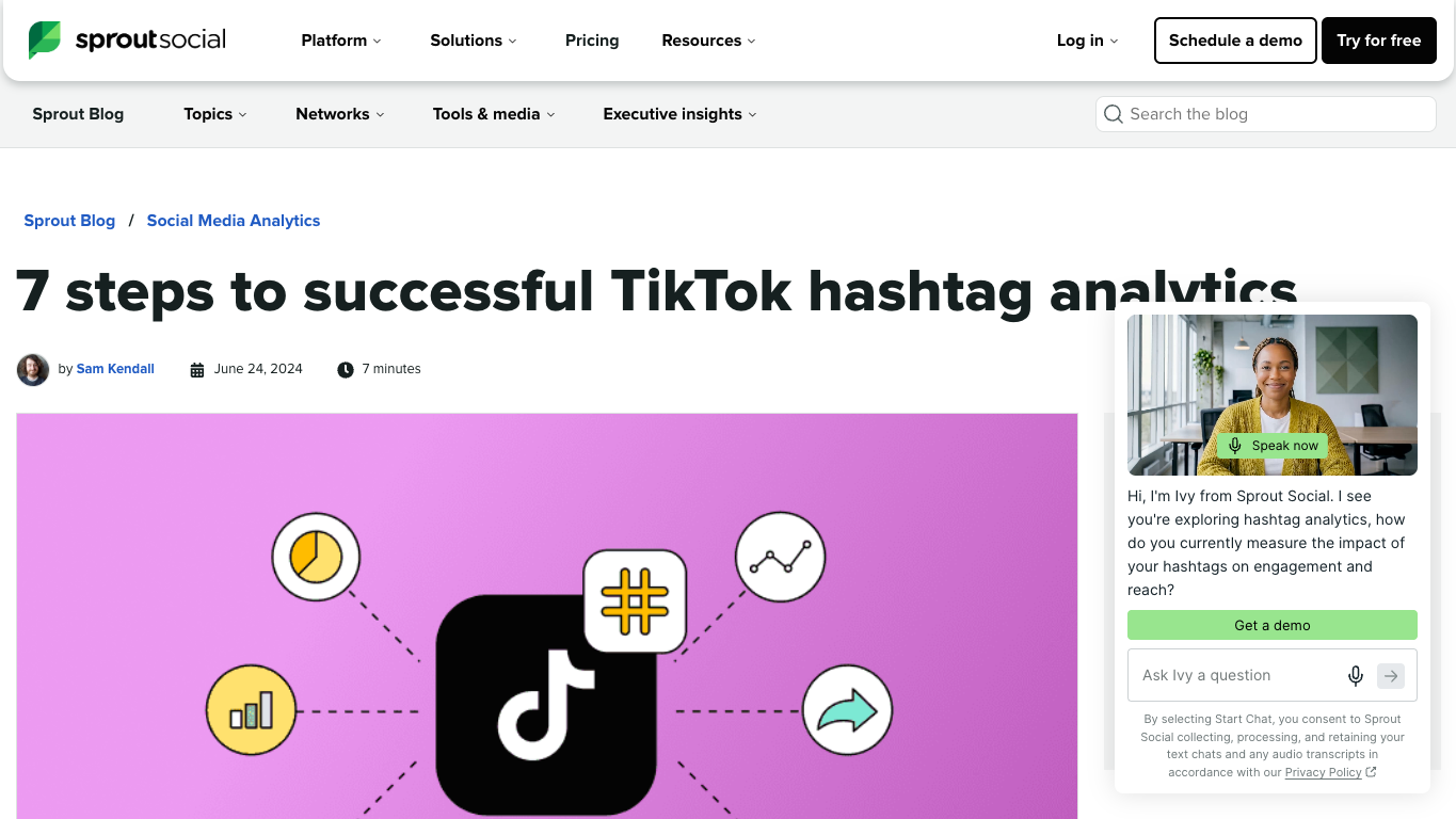 Sprout Social TikTok hashtag analytics screenshot showing trend and time-window context