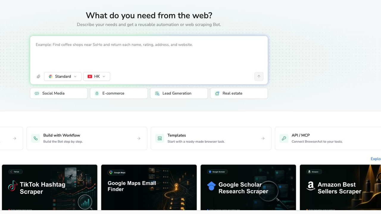 BrowserAct requirement input for defining a custom social data collection task