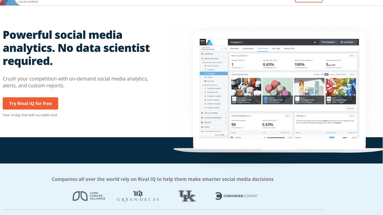 Rival IQ official website displaying its social analytics and competitor reporting interface