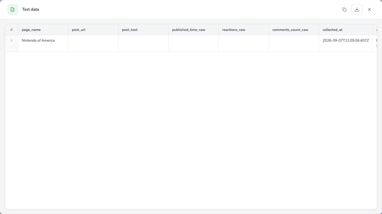 Actual Facebook pilot result with one status-only row and no collected post records