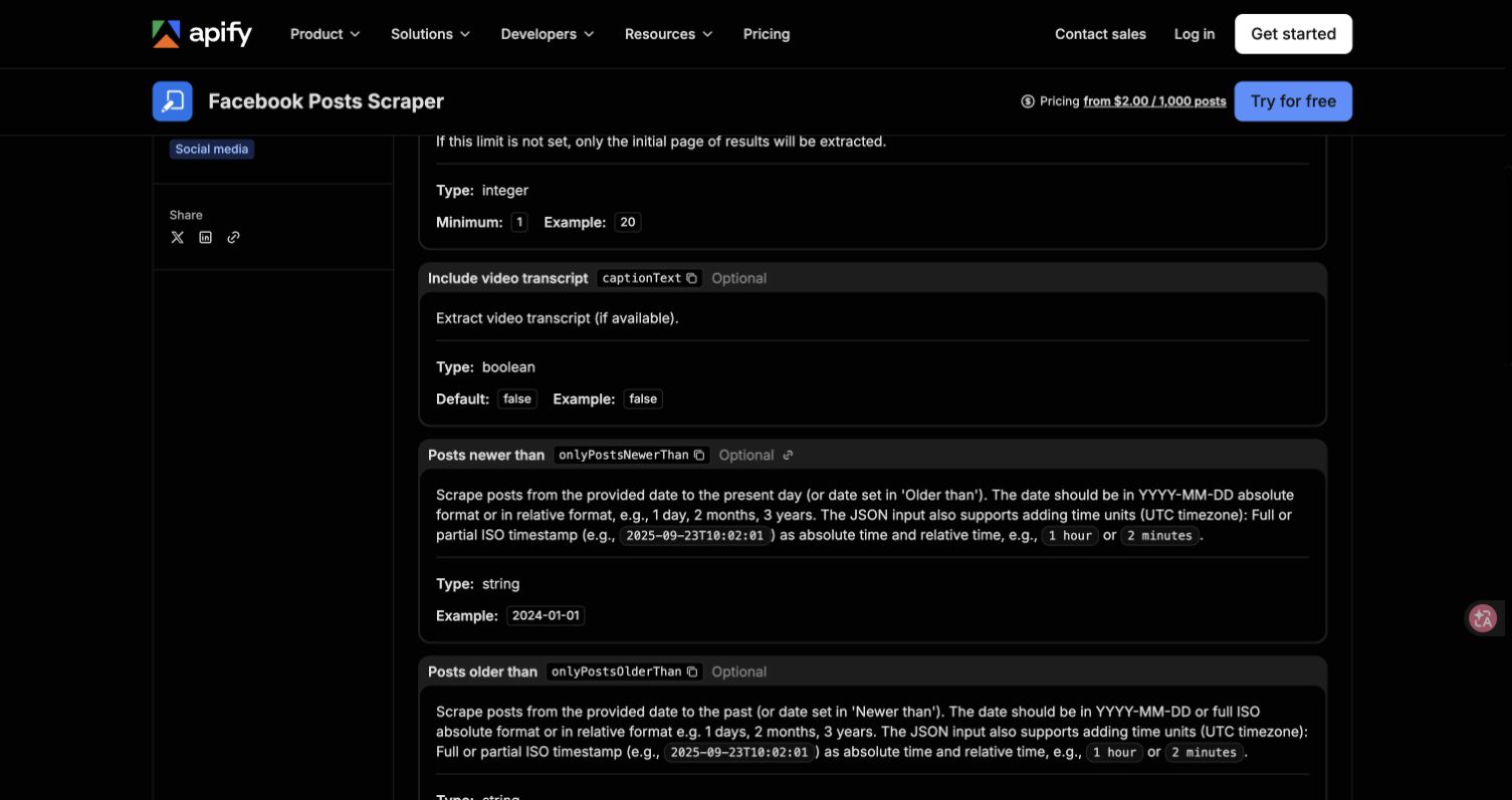 Apify official Facebook Posts Scraper date input documentation
