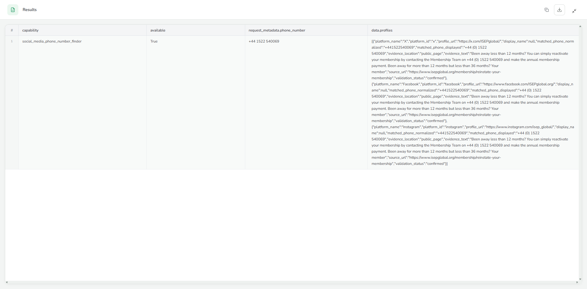 Validated Social Media Phone Number Finder result showing three public ISEP profile associations