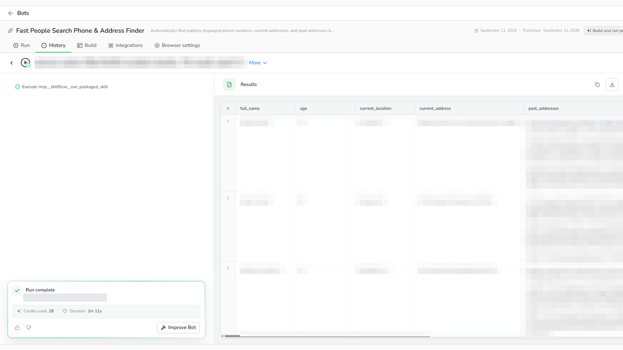 BrowserAct History showing a completed Fast People Search run with three separate candidate rows and masked personal values