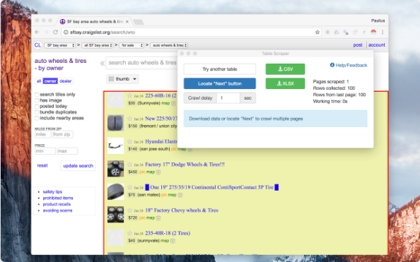 Instant Data Scraper official interface showing detected columns and export controls