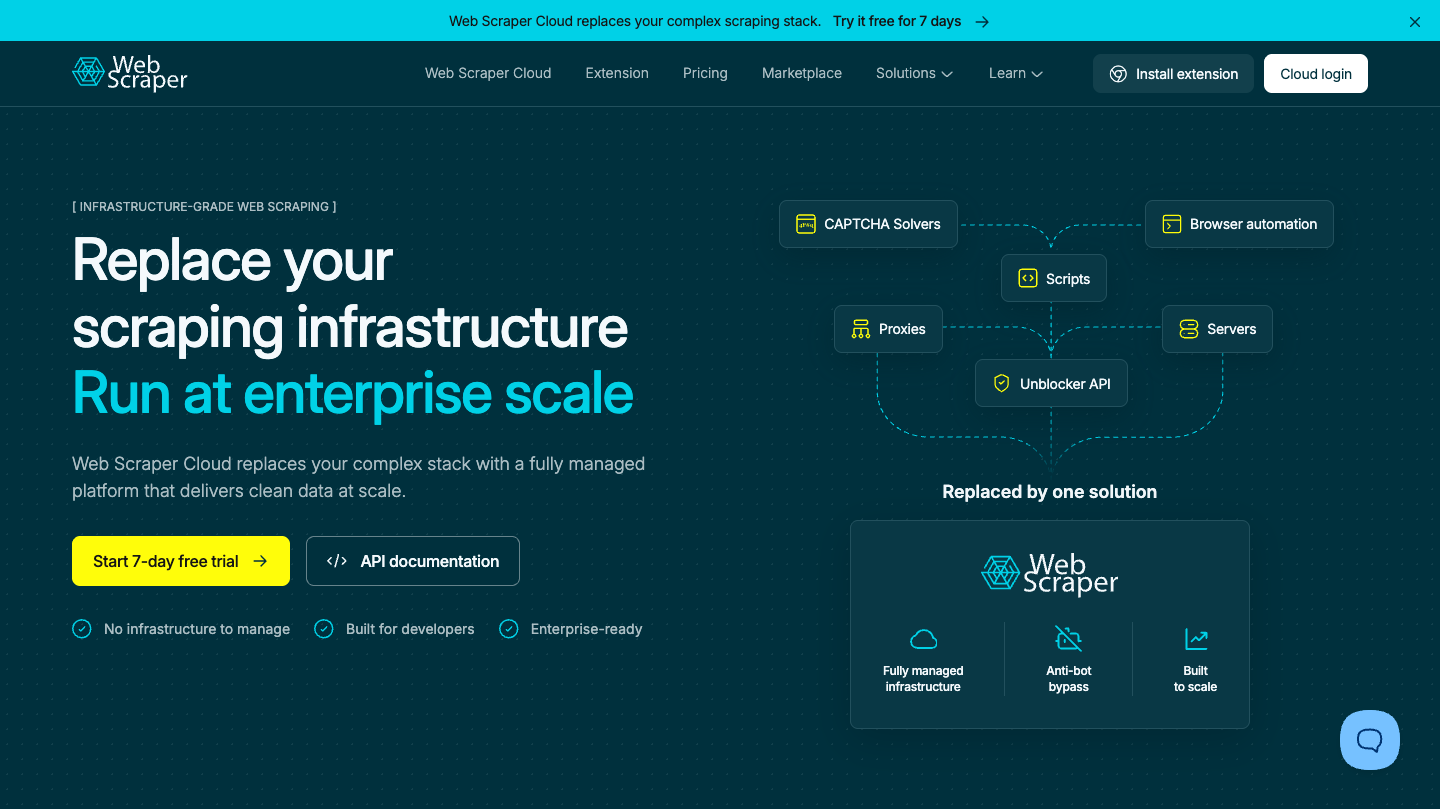 Web Scraper official website showing its scraping platform