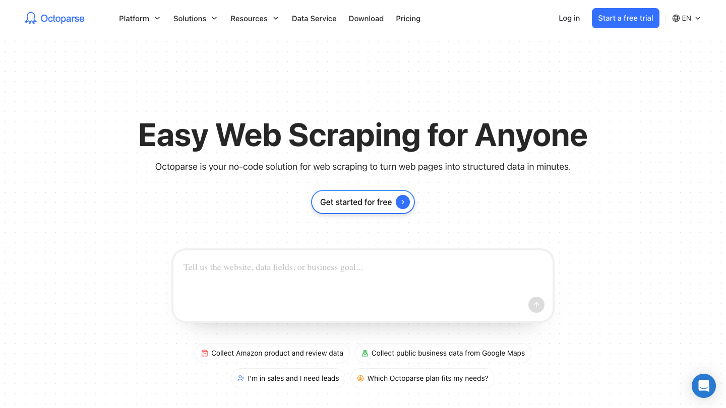 Octoparse official website showing its visual web scraping software