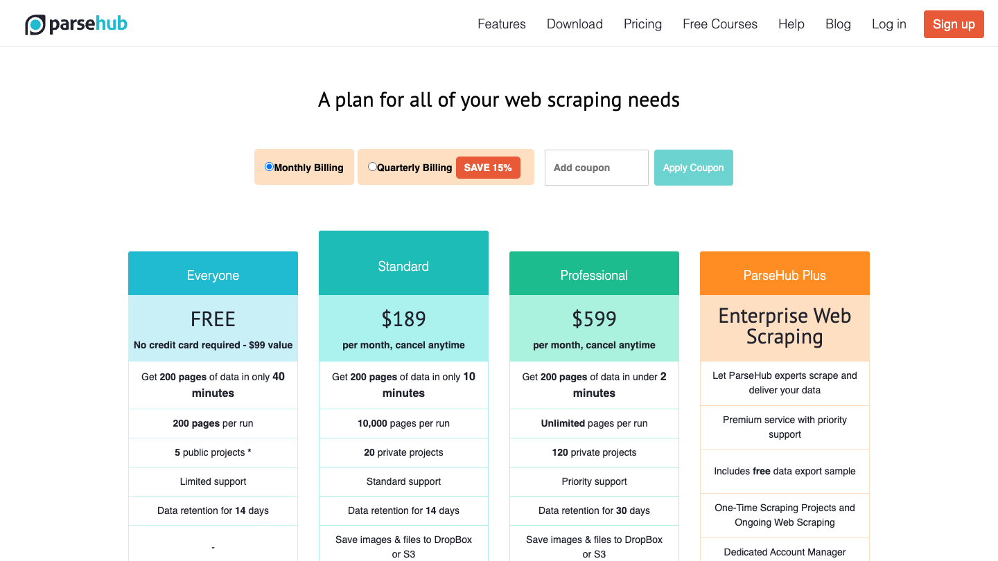 ParseHub official pricing page showing its free and paid plans