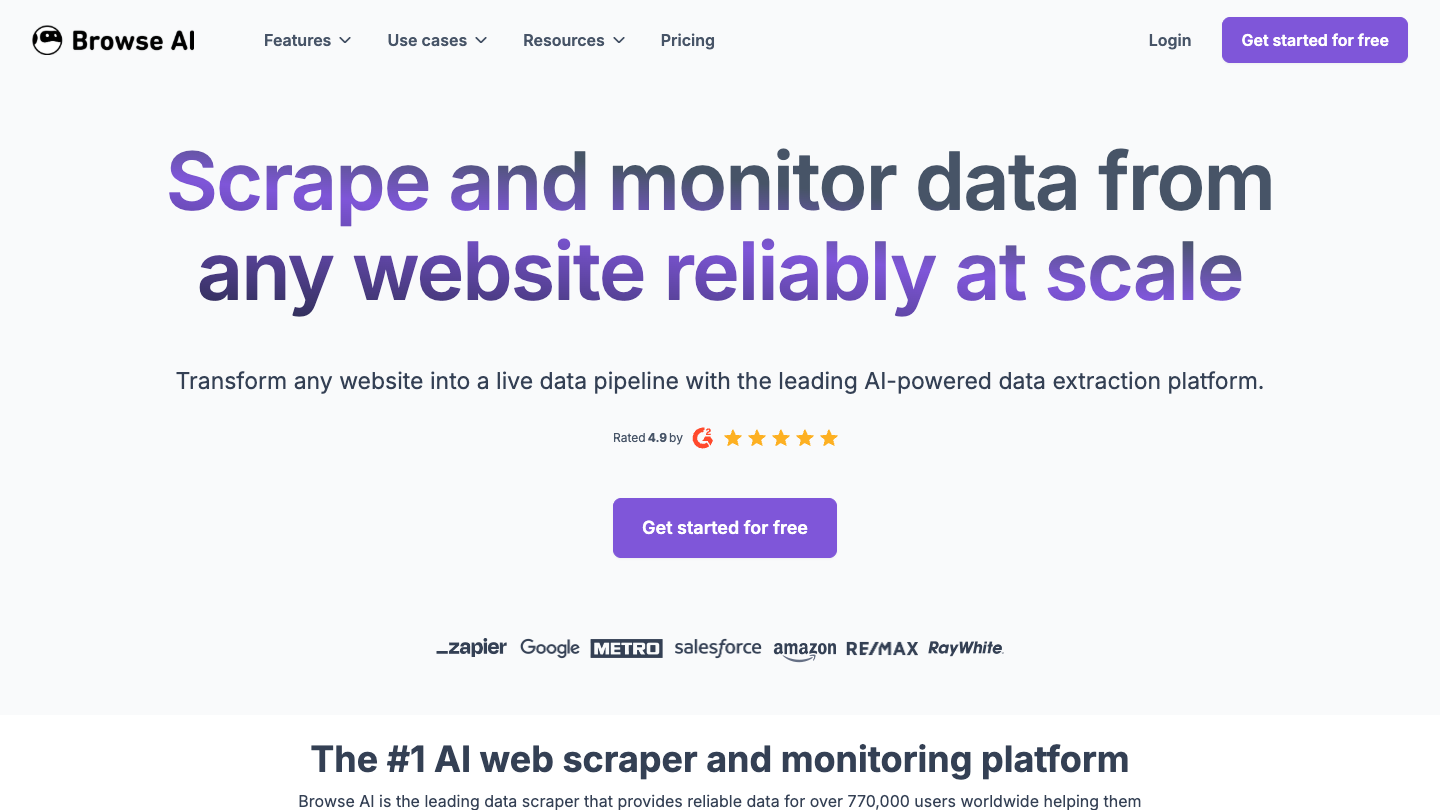 Browse AI official website showing web extraction and monitoring