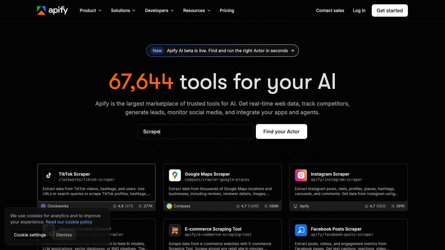 Apify official homepage showing its ready-made scraping tools