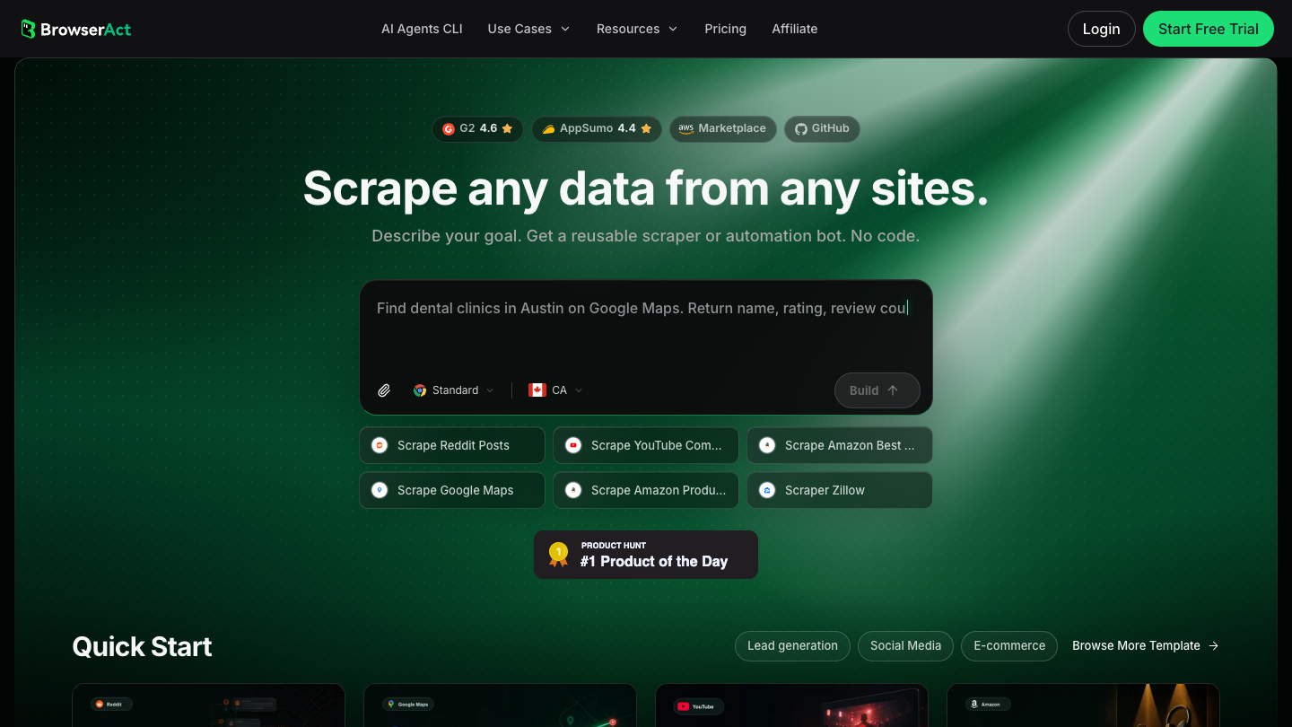 BrowserAct official homepage with a natural-language scraper request