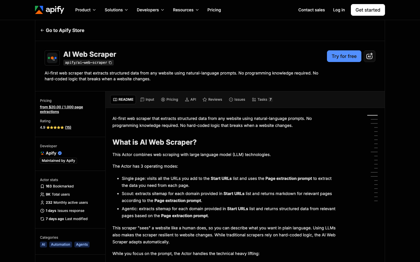 Apify official AI Web Scraper Actor page with its extraction pricing