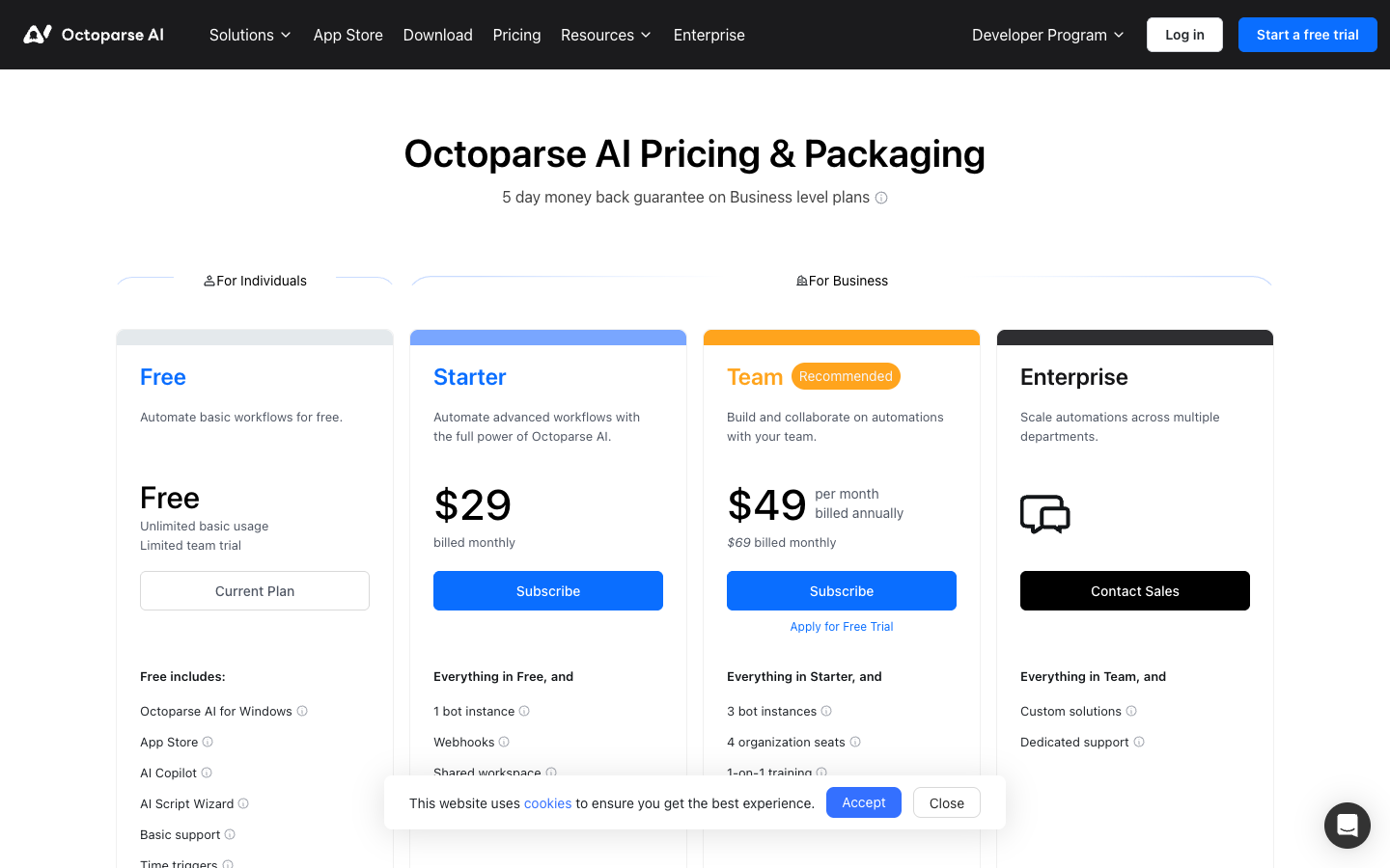 Octoparse AI official pricing page showing its automation plans
