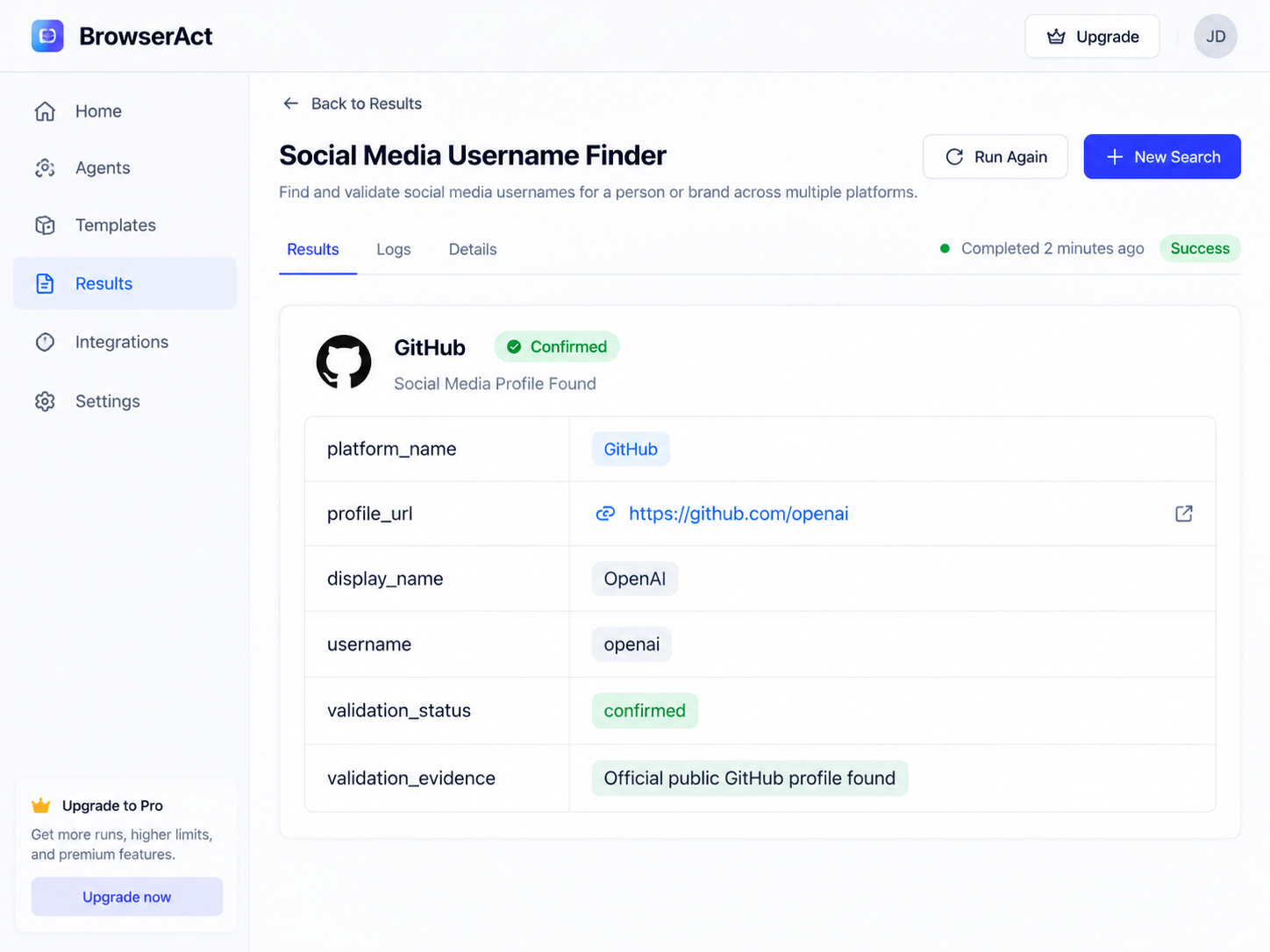 BrowserAct result showing a confirmed GitHub profile record for openai