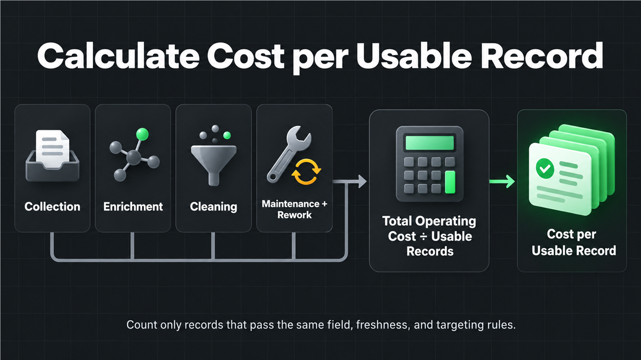 Cost per usable record calculation combining collection, enrichment, cleaning, maintenance, and rework