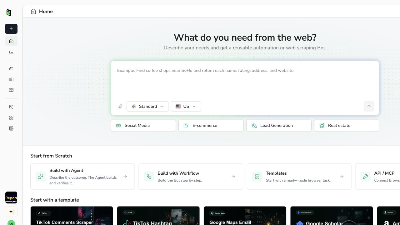 BrowserAct Dashboard showing the left create button and center Agent input for a bulk username-search Bot