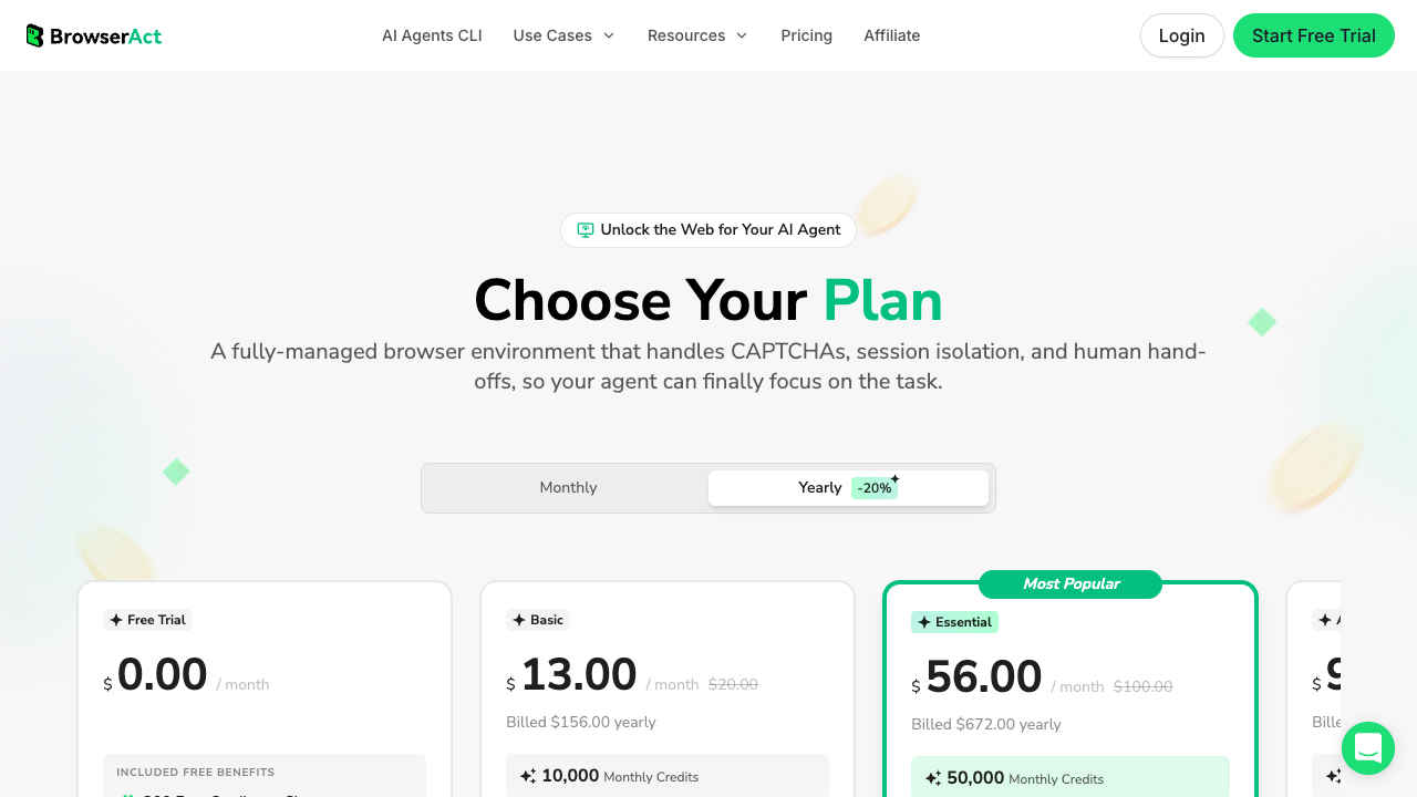 BrowserAct pricing page showing plans for visual browser automation