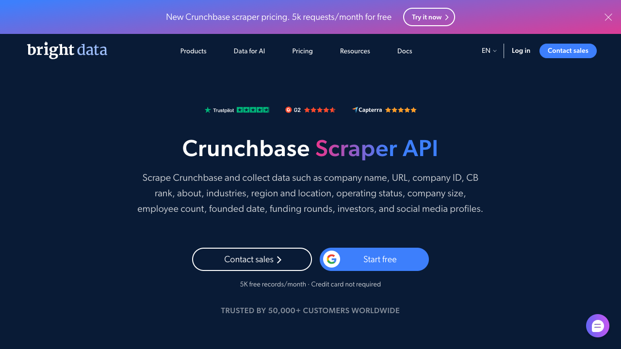 Bright Data Crunchbase Scraper API page showing structured data delivery