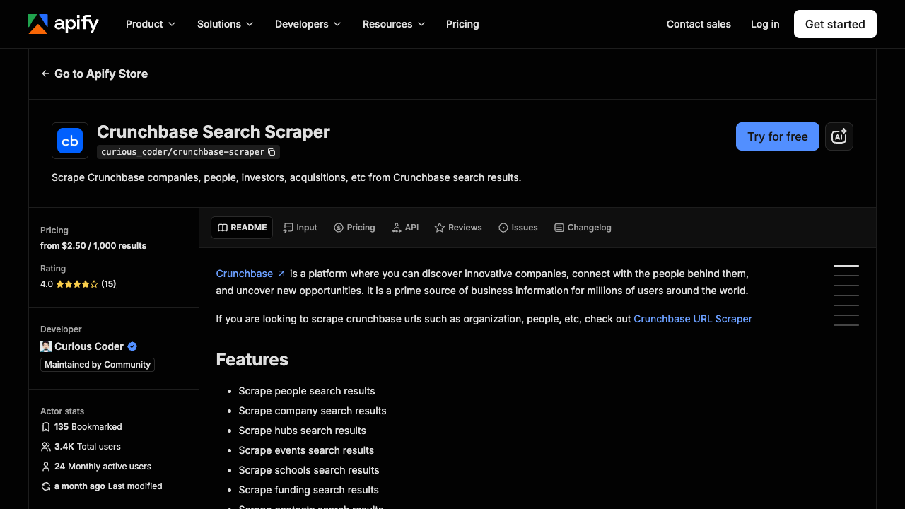Apify Crunchbase Scraper Actor page with supported entities and run options