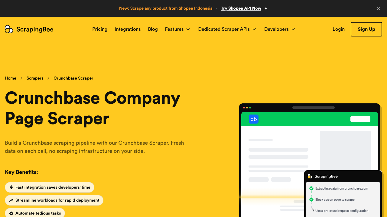 ScrapingBee Crunchbase API page showing JavaScript rendering and extraction options