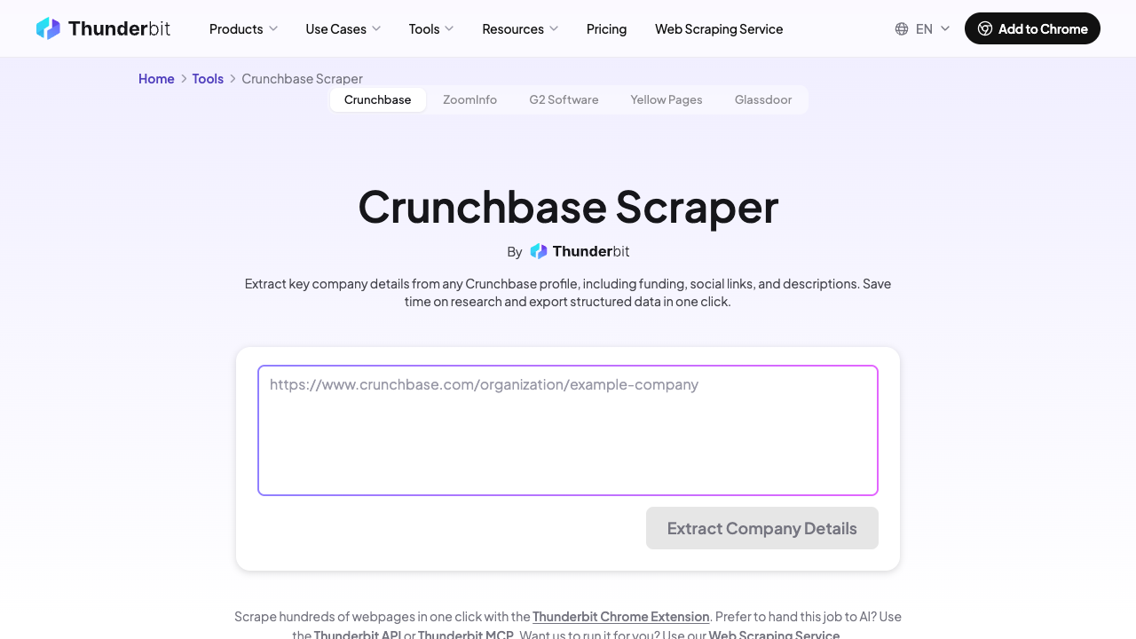 Thunderbit Crunchbase Scraper page describing a no-code Chrome extension workflow