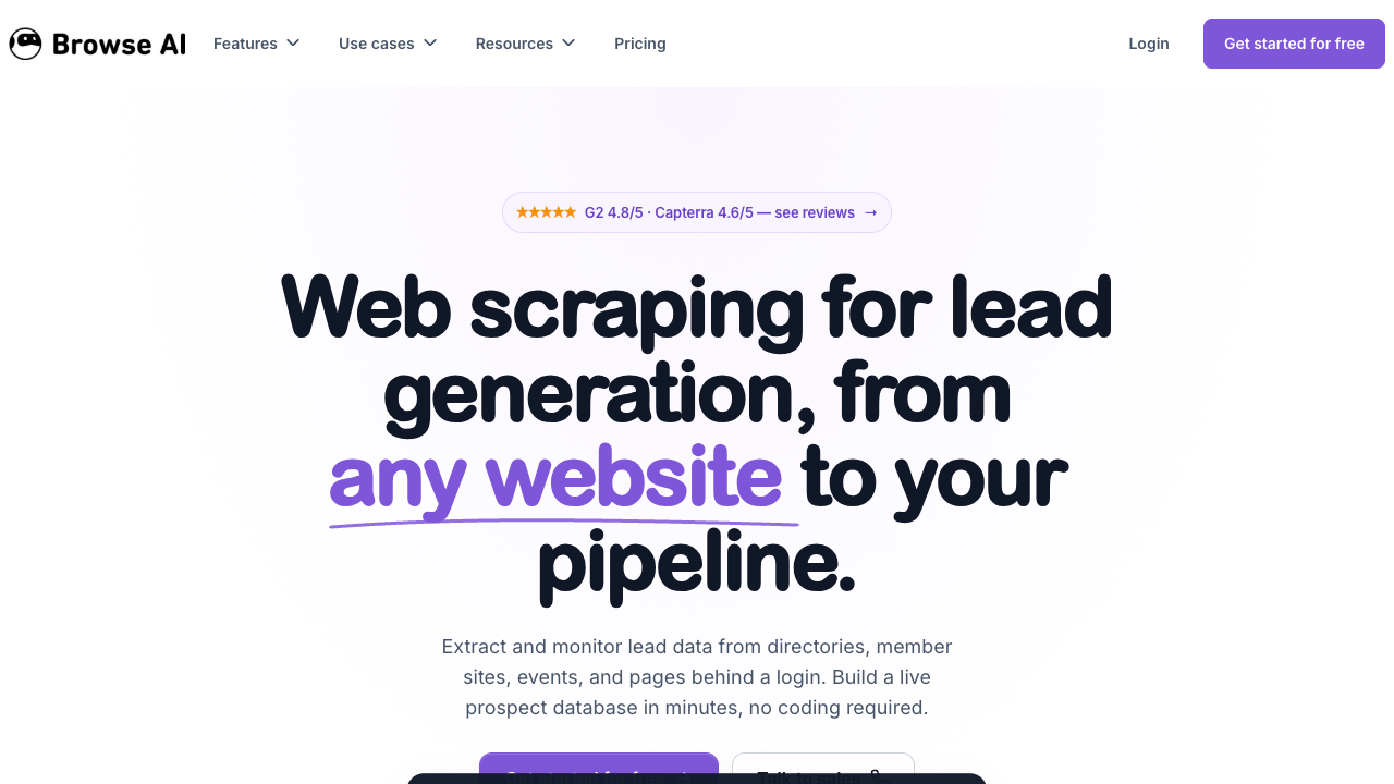 Browse AI lead generation page listing Crunchbase among supported data sources