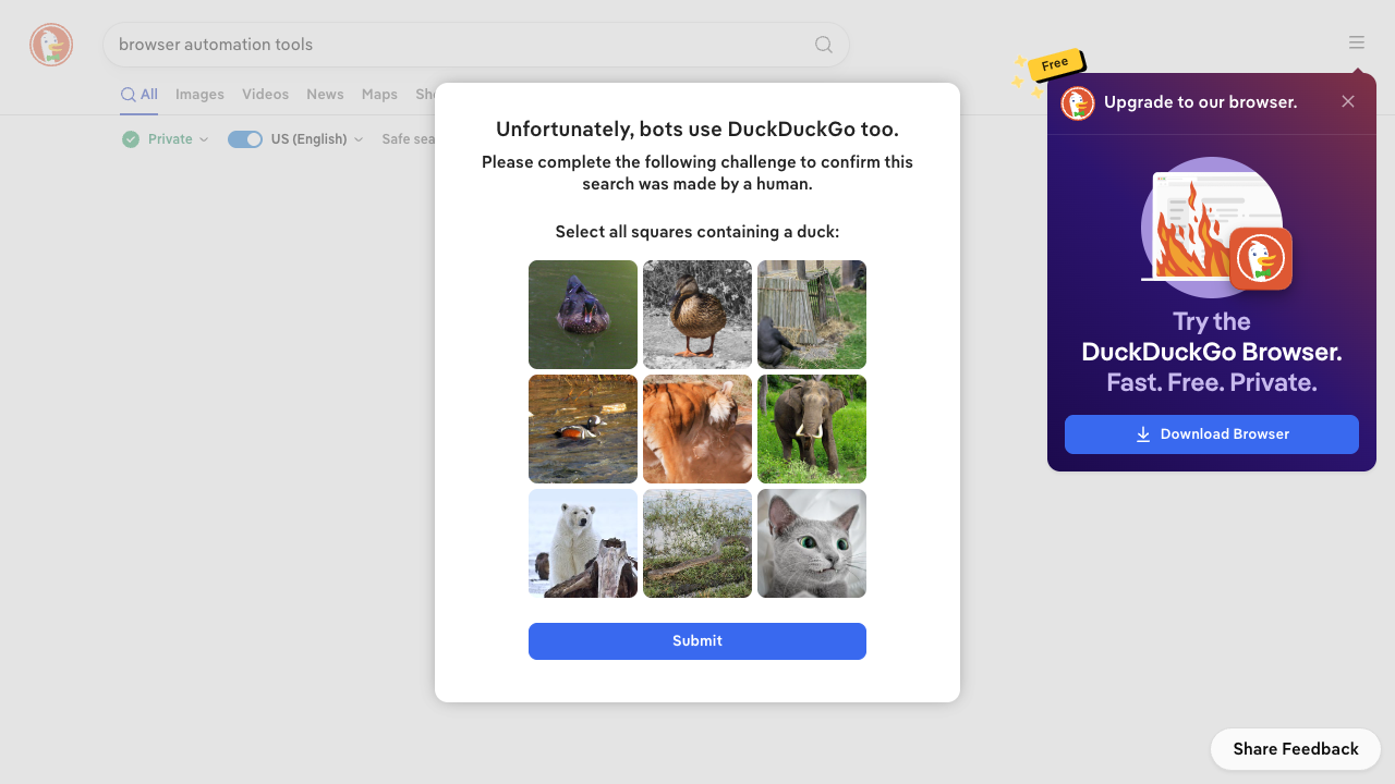 DuckDuckGo human-verification challenge encountered during a controlled browser test