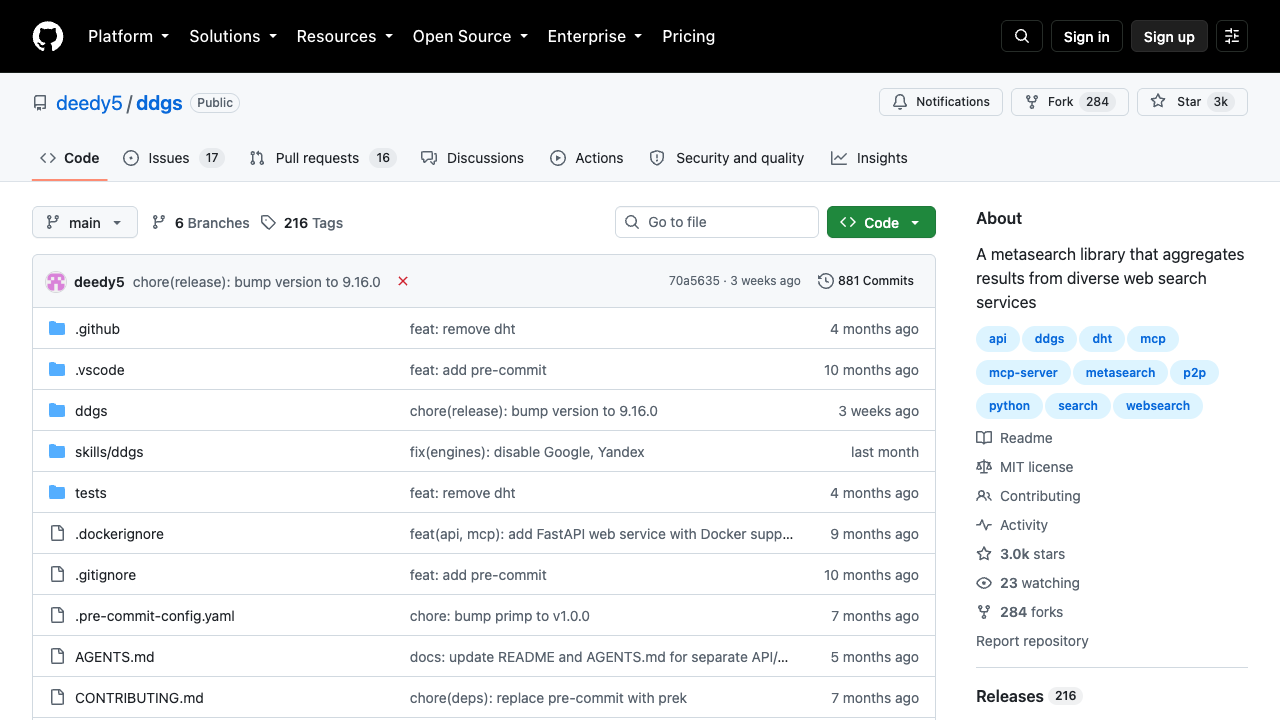 DDGS official GitHub repository showing the current metasearch project