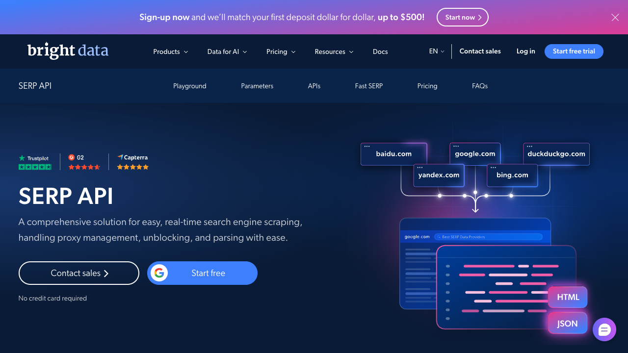 Bright Data SERP API page showing DuckDuckGo among supported search engines