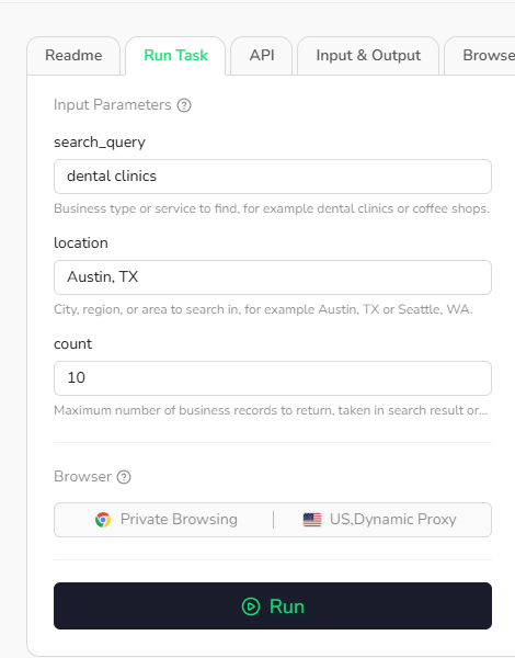 Google Maps Local Lead Finder inputs for dental clinics in Austin