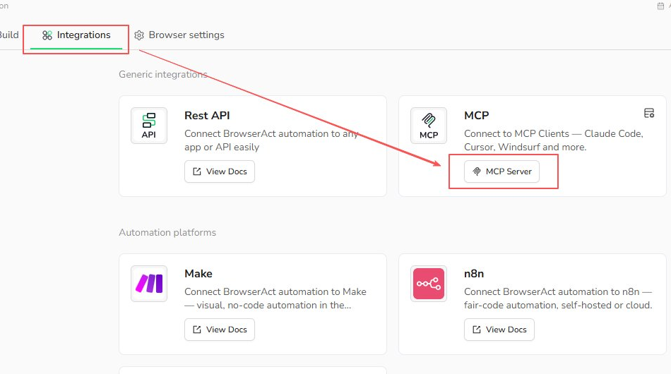 BrowserAct Bot Integrations tab with the MCP Server entry