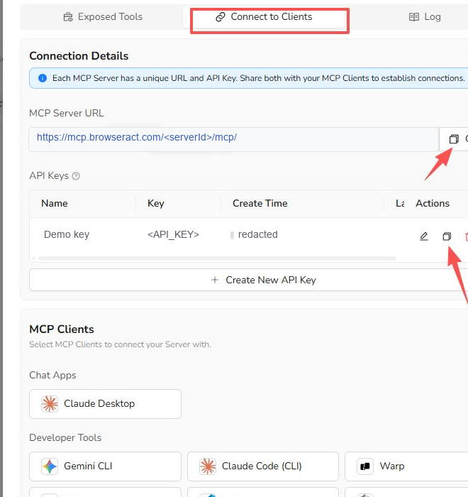 BrowserAct MCP Connect to Clients panel with redacted Server URL and API Key
