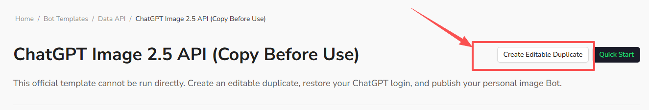 The template page with Create Editable Duplicate highlighted