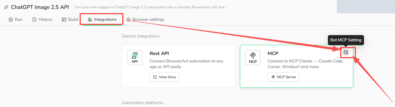 The Bot Integrations page with the Bot MCP Setting icon highlighted