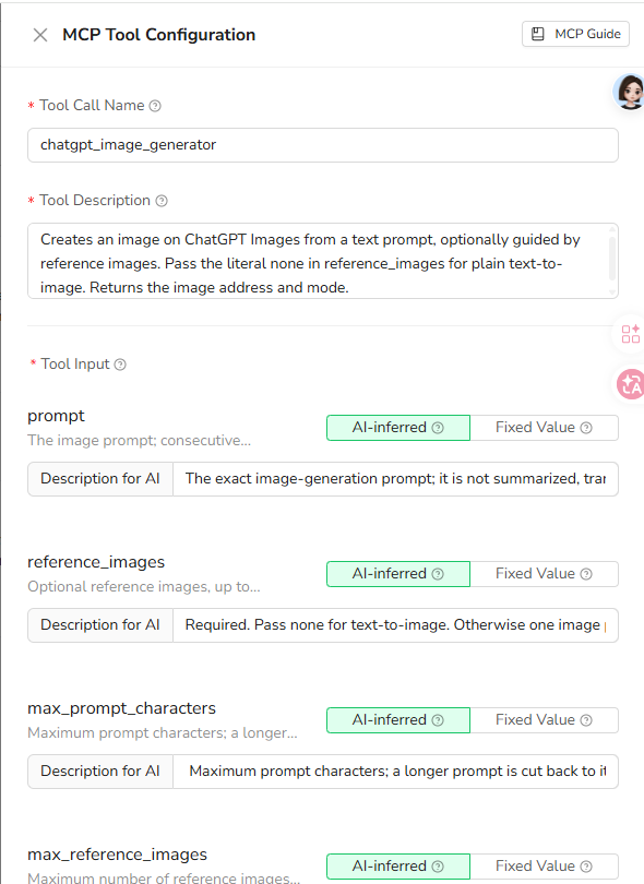 MCP Tool Configuration showing the tool name, description, and AI-inferred input settings