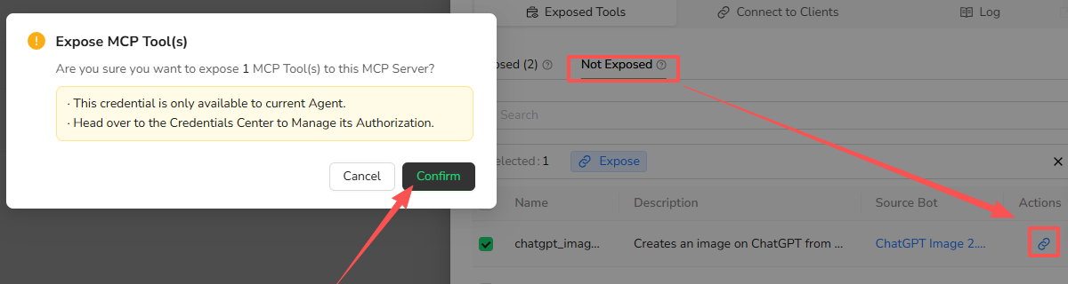 The Not Exposed tool list and the Confirm button in the Expose MCP Tool dialog