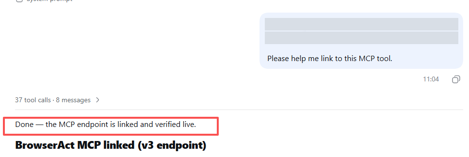 DeepSeek confirming a connection to the BrowserAct MCP Server