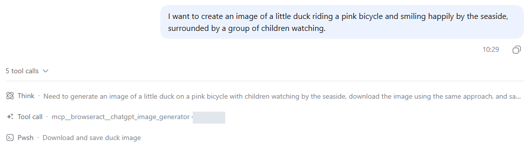 DeepSeek sending the seaside duck prompt and calling the BrowserAct ChatGPT image MCP tool