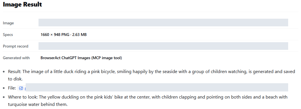 DeepSeek reporting the image generated through BrowserAct MCP, including PNG format, dimensions, and file size