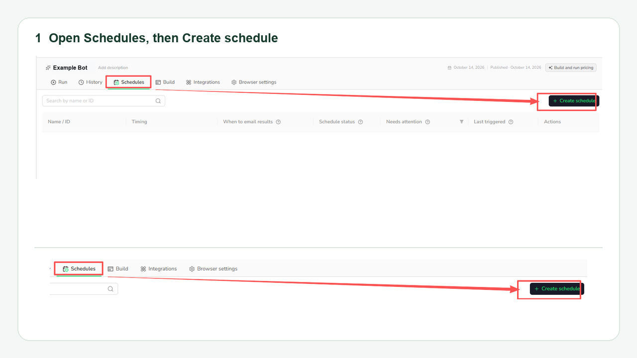 The Schedules tab on a published BrowserAct Bot, with Create schedule highlighted