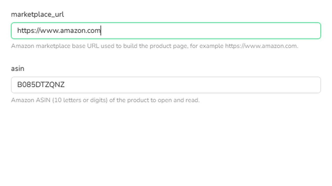 Example Inputs step with Amazon marketplace URL and ASIN fields for one product Bot