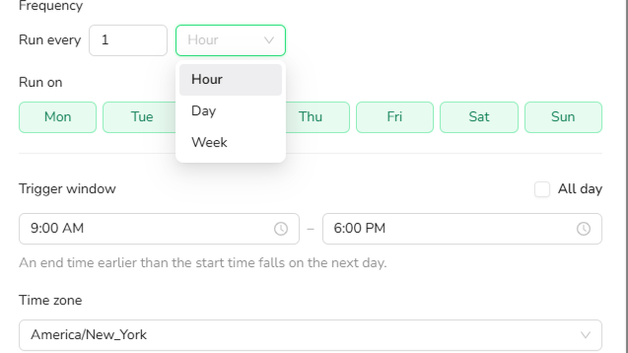 The Timing step showing hourly, daily, and weekly frequency choices and a trigger window