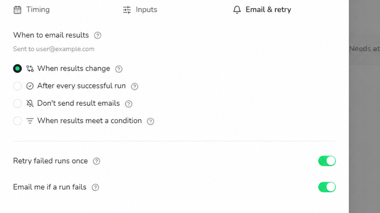 The Email and retry step with changed-result emails selected and an example recipient address