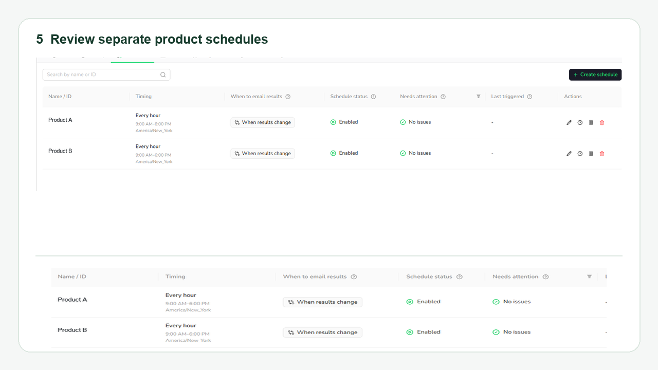 The Schedules list showing two saved schedules on the same BrowserAct Bot