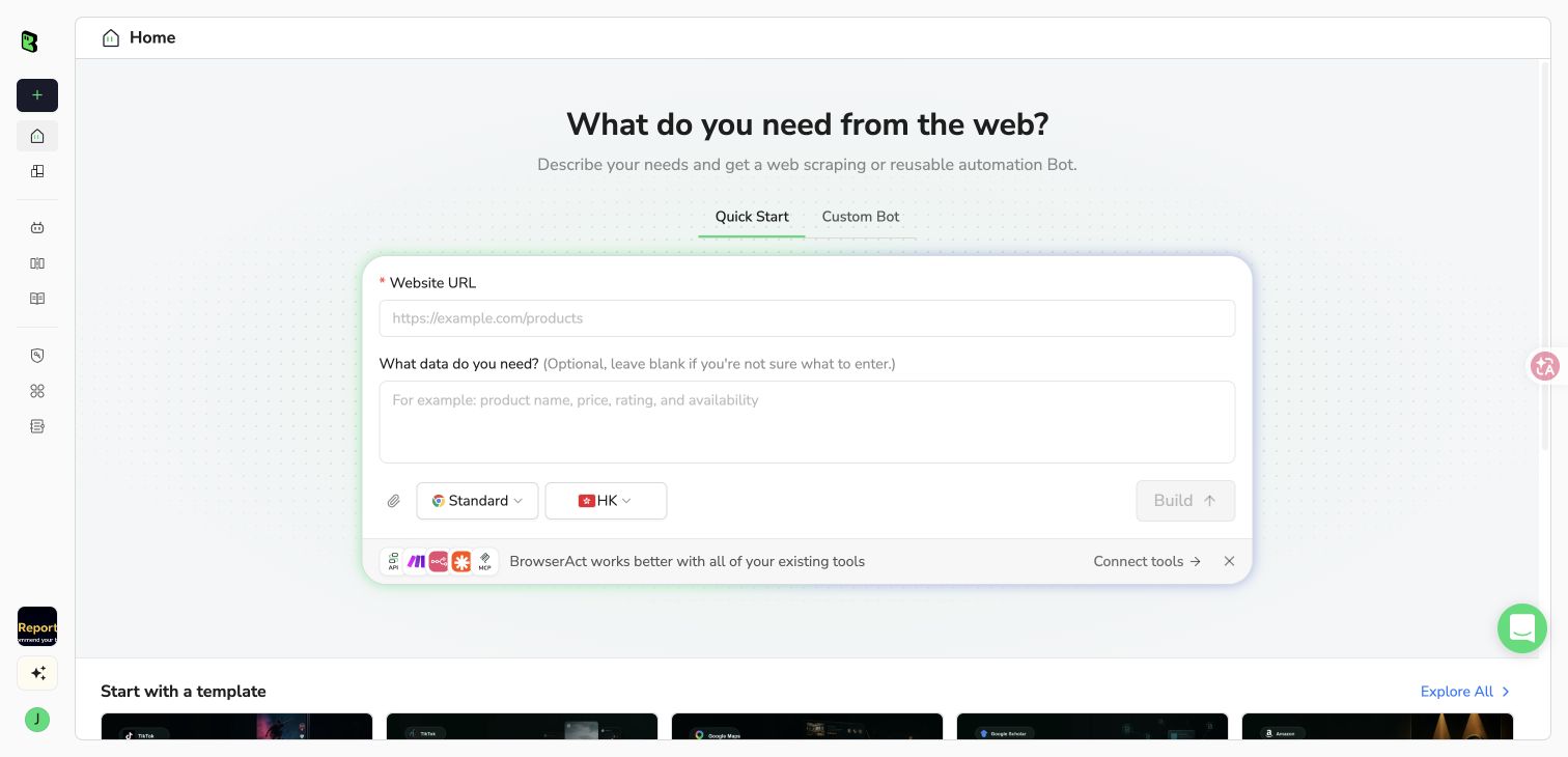 BrowserAct Quick Start with the website URL and data requirements inputs
